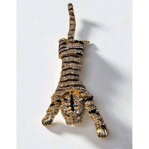 New Cheetah Shoulder Brooch Moving Rhinestone Gold Tone Black Green Eyes Jewelry